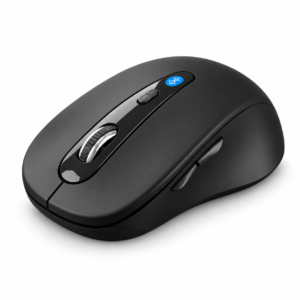 Black compact Bluetooth mouse with side buttons on white background