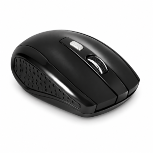 Black wireless mouse with silver scroll wheel and textured side grip on white background
