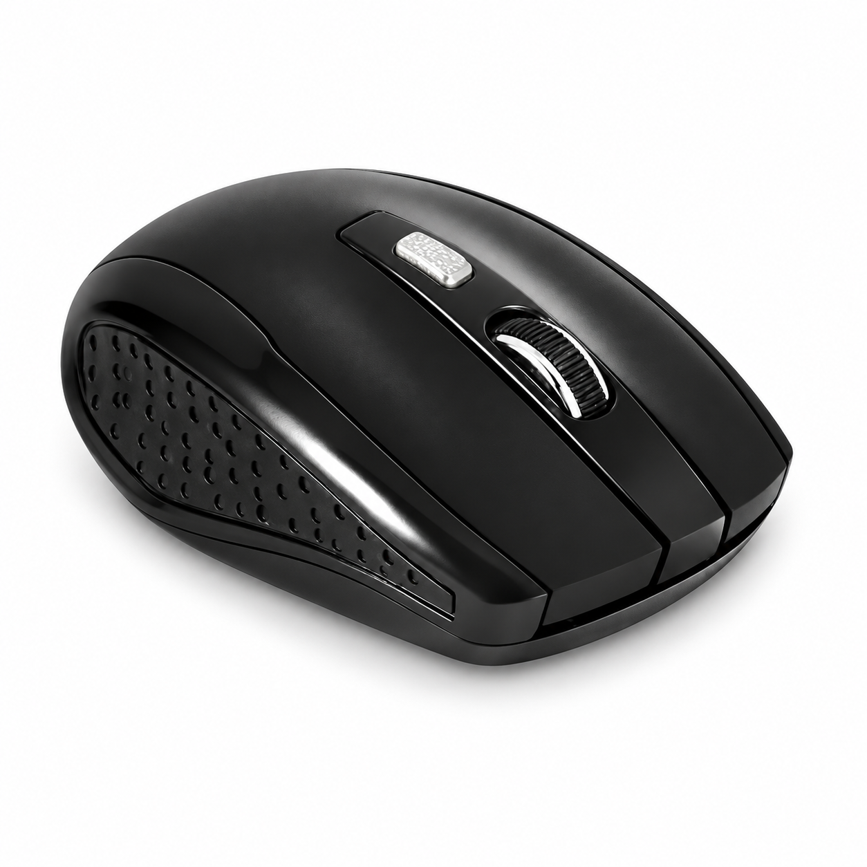 Black wireless mouse with silver scroll wheel and textured side grip on white background