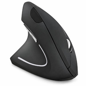 Black left-handed vertical ergonomic wireless mouse on a white background