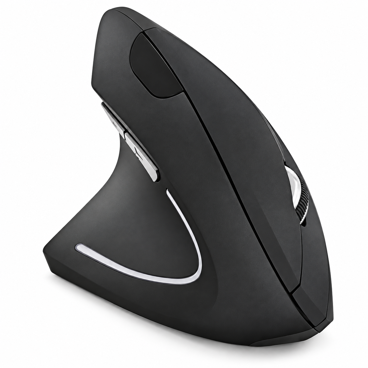 Black left-handed vertical ergonomic wireless mouse on a white background