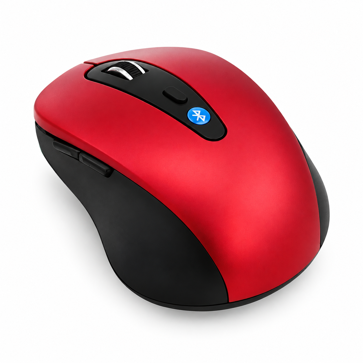 Red and black compact Bluetooth mouse on a white background