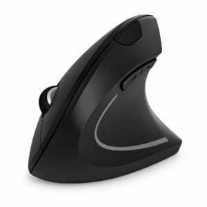 Black right-handed vertical ergonomic wireless mouse with silver trim on white background