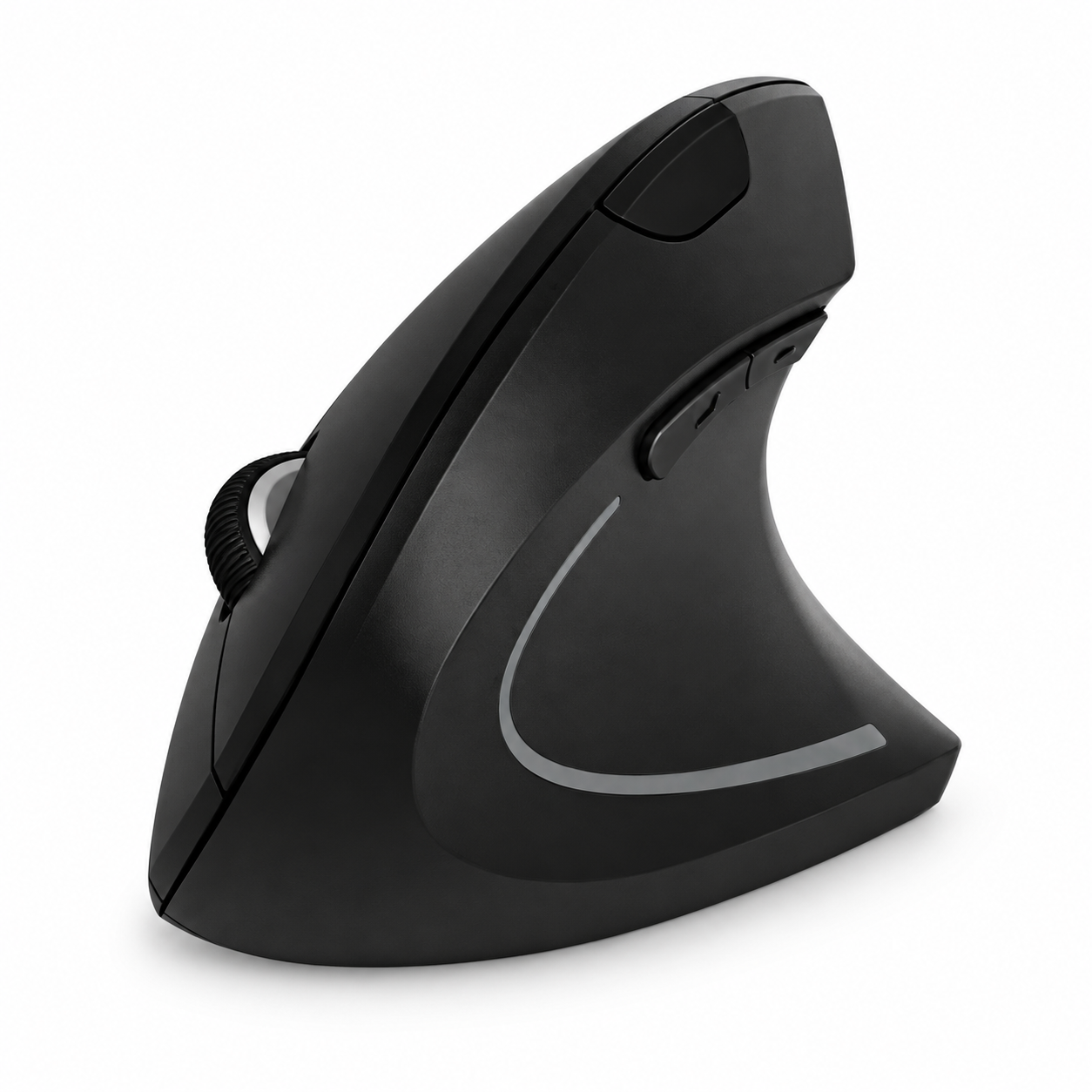 Black right-handed vertical ergonomic wireless mouse with silver trim on white background
