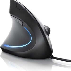 High Five black left-handed vertical wired USB mouse with blue trim and attached cable