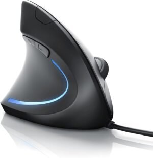 High Five black left-handed vertical wired USB mouse with blue trim and attached cable